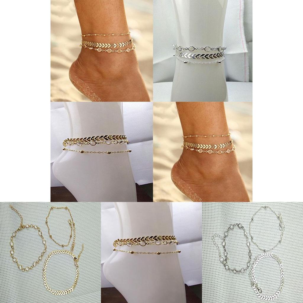 Elegant 3pcs Set Of Timeless Beach-inspired Fishbone Chain Crystal Zircon Anklets
