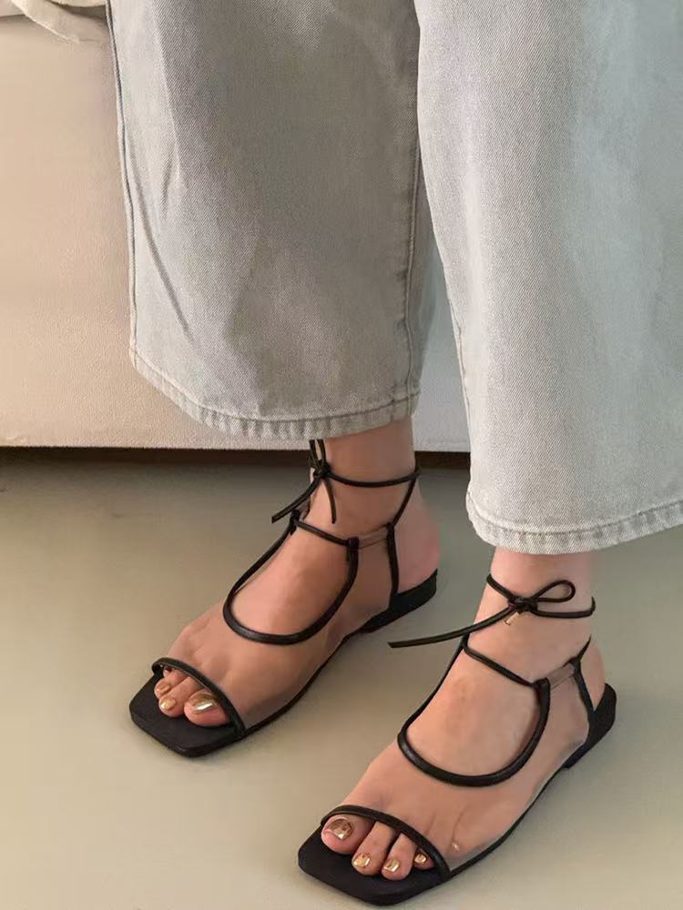 

French niche Roman breathable mesh flat-soled sandals women s 2025 summer new square head open-toe strap slippers 40 чорний