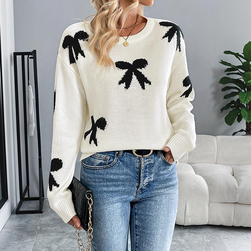 New Versatile Valentine's Day Round Neck Bow Ladies Jacquard Autumn and Winter Knitted Sweater