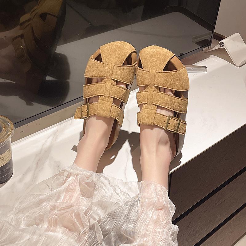 Women's Leather Shoes Women's Slippers Loafers Low Liners Pullover Buckle 2025 Roman Hoof Heel Rubber Fab Women Shoes