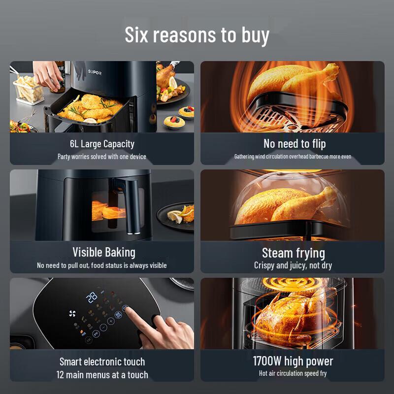 SUPOR 6L Air Fryer Oven with Steam Roast CN Plug (adapter Included)