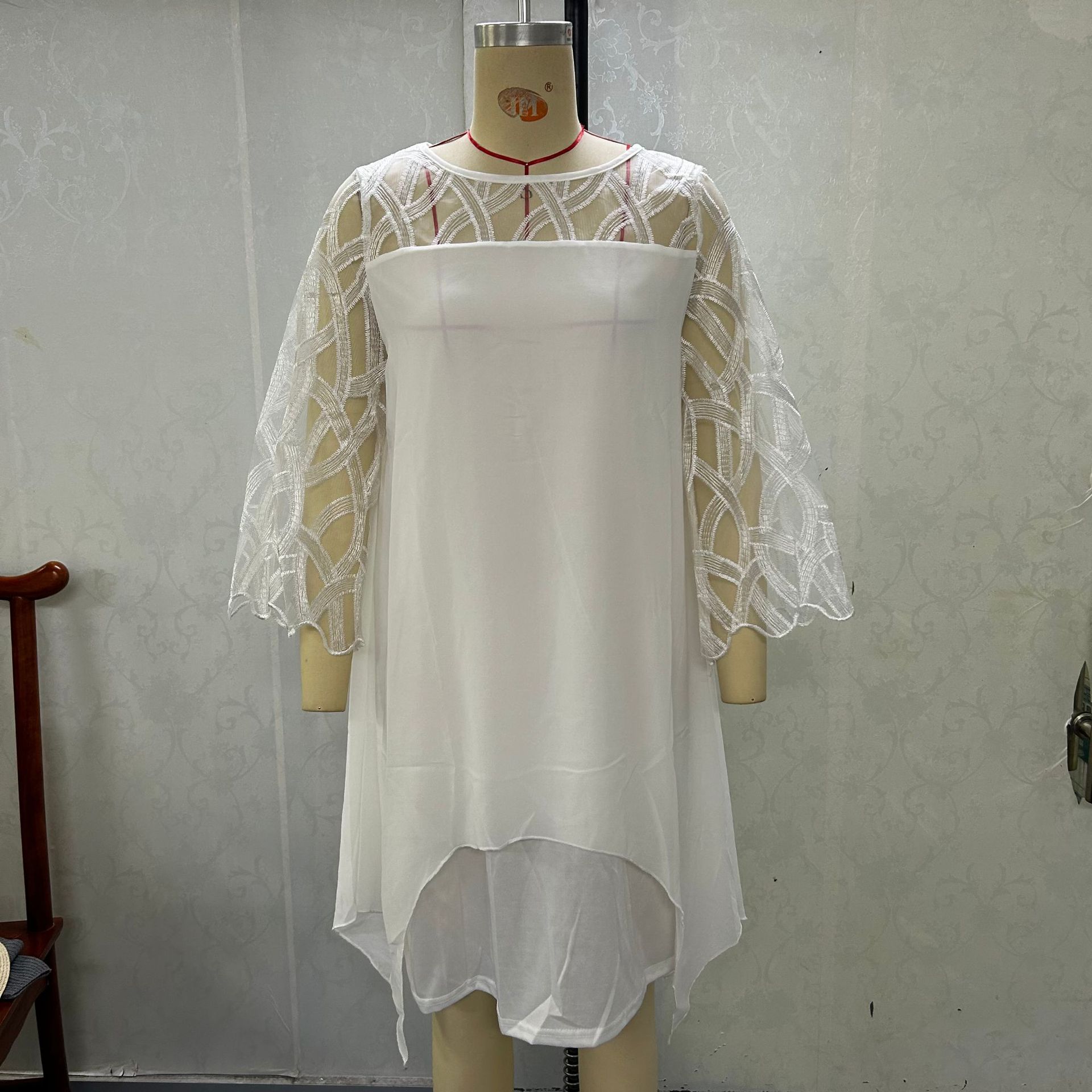 Lace stitching seven-quarter sleeve irregular hem chiffon dress L