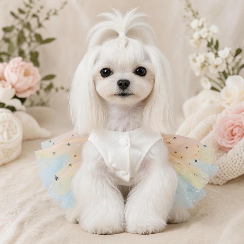 Pet Birthday Dress With Rainbow Gradient Star Mesh Crown Tutu Teddy Bichon Outfit