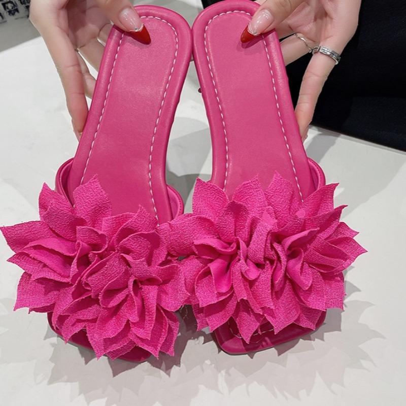 Flat Slippers Summer New Square Head Open Toe Big Flower Soft Bottom Set Foot Anti-slip Wear-resistant Beach Sandals