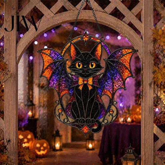 Festival Atmosphere Display Halloween Bat Cat Suncatcher, Stained Glass Style Acrylic Sun Catcher, Gothic Lightweight Hanging Ornament Black for Home
