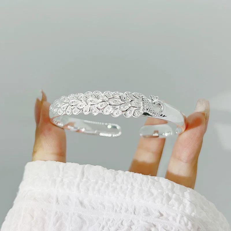 925 Silver Original Bracelets For Women Luxury Designer Peacock Opening Screen Bangle Party Wedding Accessories Jewelry