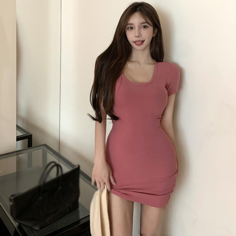 

Женское однотонное платье с короткими рукавами, летнее облегающее платье с низким воротником, клубное платье, вечернее платье L