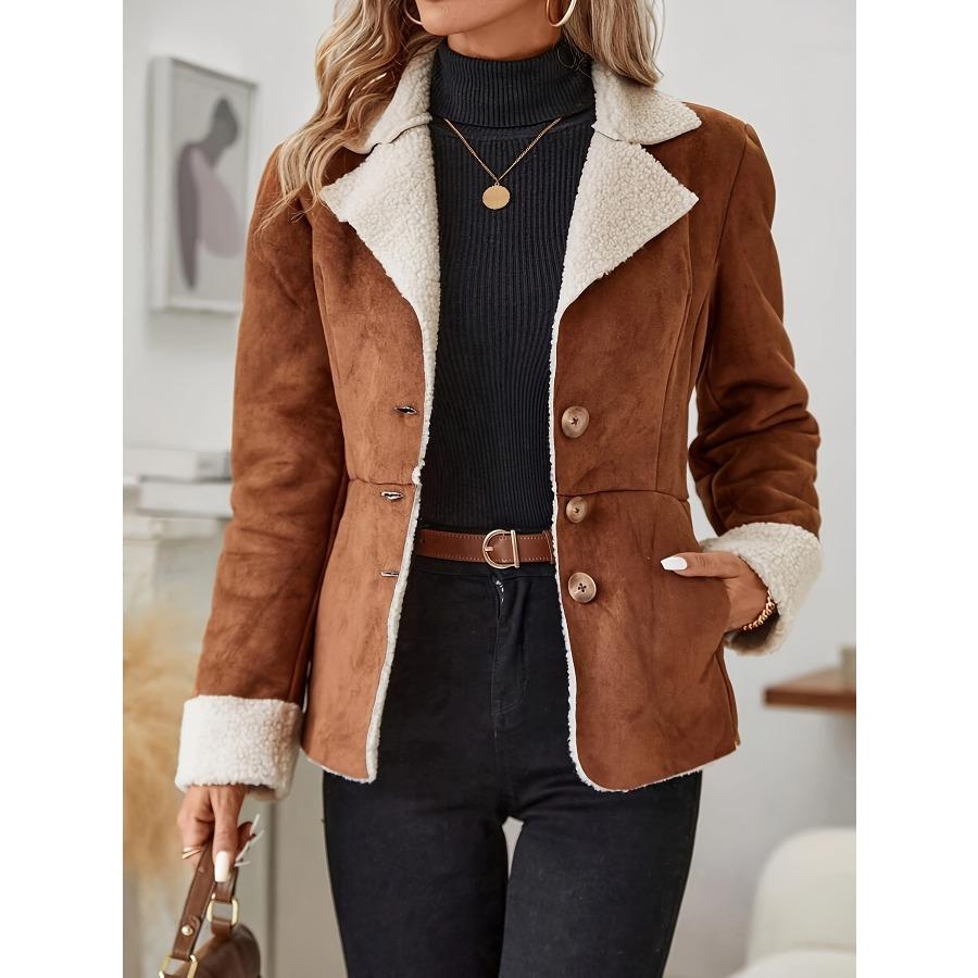 Faux Fur Button Front Thermal Jacket, Casual Long Sleeve Lapel Collar Outerwear for Fall & Winter, Women's Clothing