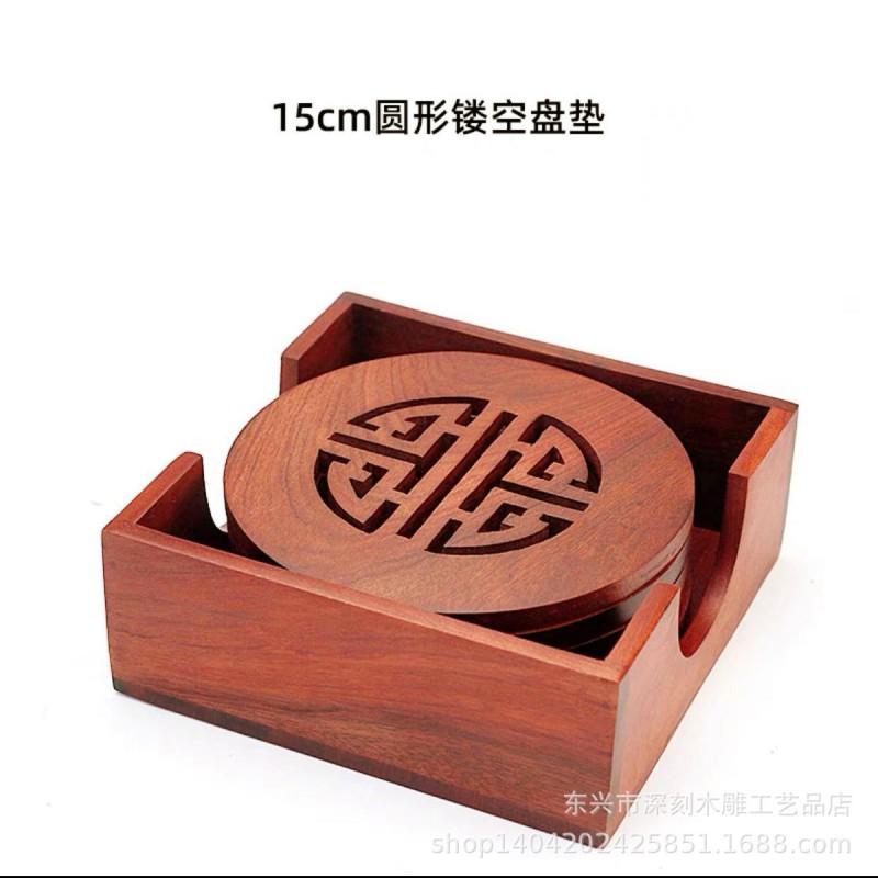 Wooden Coaster Set Tea Cup Table Mat Heat Resistant Handcrafted Floral Carved Dining Accessory Modern Minimalist