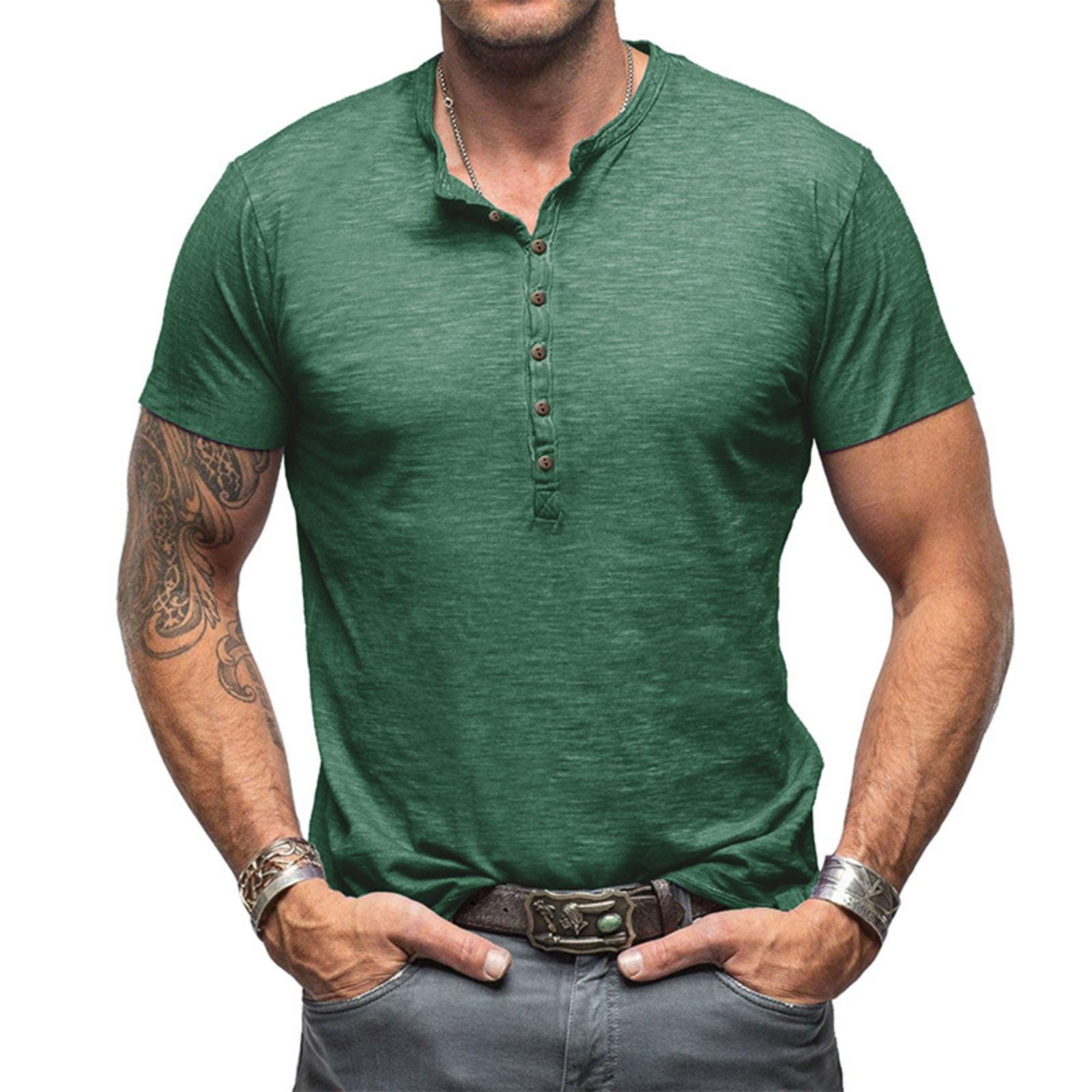 

Men s Casual Sporty -color Base Layer Shirt, Men s Button-down Round-neck Short-sleeved Top S зелёный