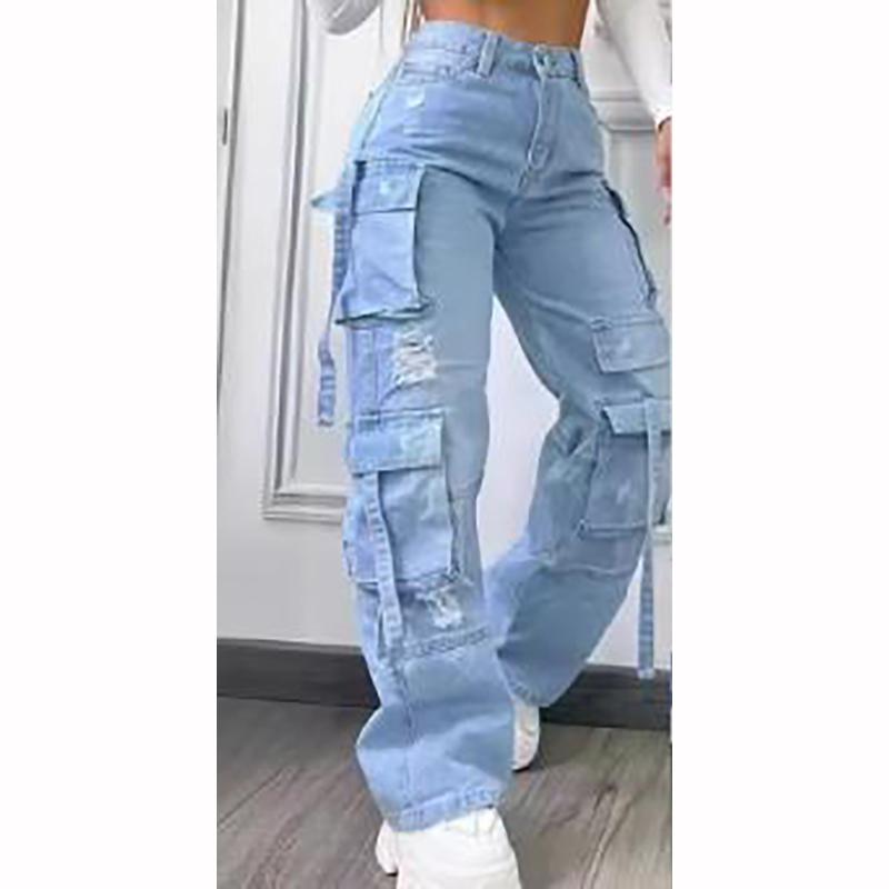 

Женские джинсовые брюки с универсальным карманом, повседневные брюки для женщин, большого размера, с высокой талией XL синий