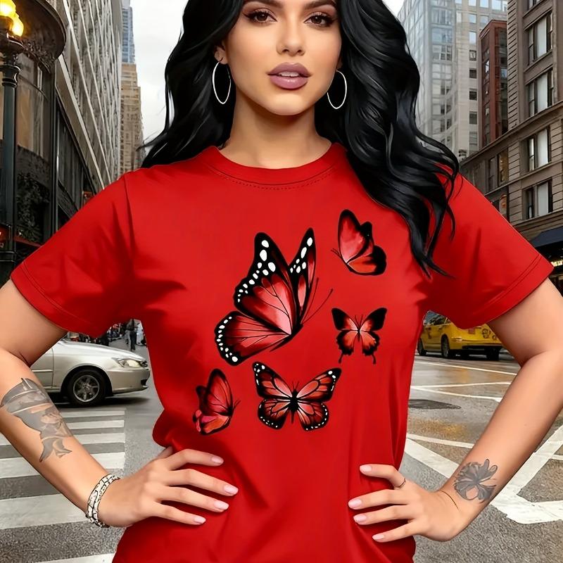 

Fashionable butterfly printed T-shirt - short sleeved round neck, comfortable, breathable and soft, perfect choice for spring and summer S