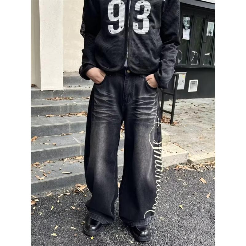 Autumn Men's Letter Printed Straight-Leg Baggy Jeans Hip Hop Fashion Washed Denim Pantalones American Retro Y2K Streetwear Jean