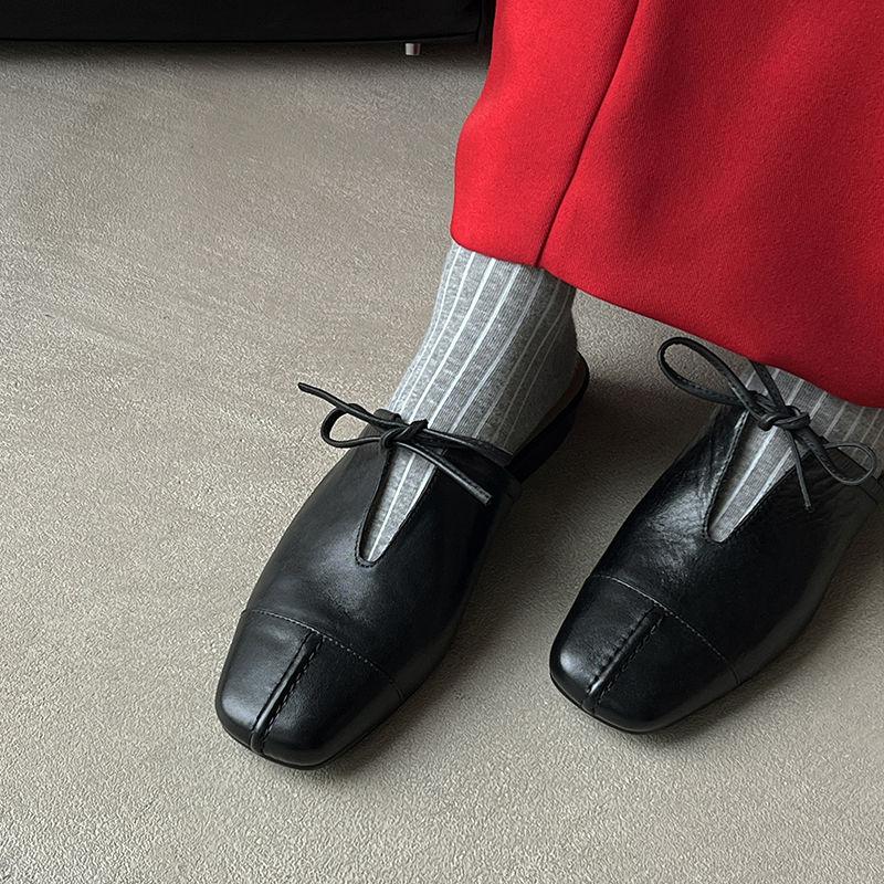 Fashion New Summer Women Mules Genuine Leather Shoes for Women Square Toe Chunky Heel Modern Sandals Cover Toe Lace-up Women Slippers