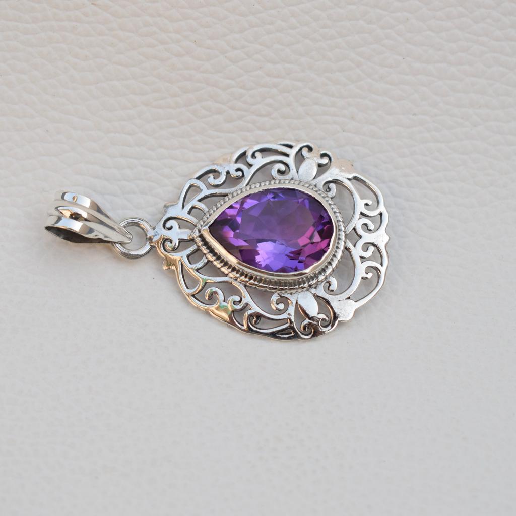 Designer Amethyst Pendant, 925 Sterling Silver Pendant, Teardrop Amethyst Pendant, Anniversary Pendant, Gift For Her, Filigree Pendant