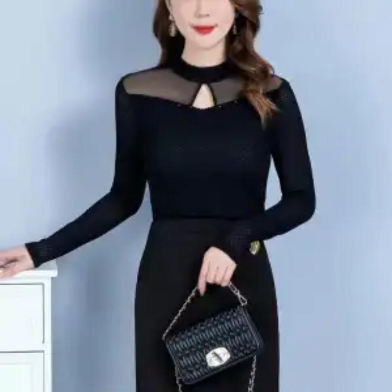 

Бархатный Утепленный Сетчатый Базовый Топ с Длинным Рукавом для Женской Осени и Зимы 2025 Новый Свободный Темпераментный Лоскутный Топ Нижнее Белье Футболка L чёрный