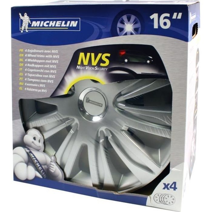 Lot de 4 enjoliveurs gris métallisés - MICHELIN - 16 pouces - Fixation simple par clips - NVS 42 pastille réflechissante