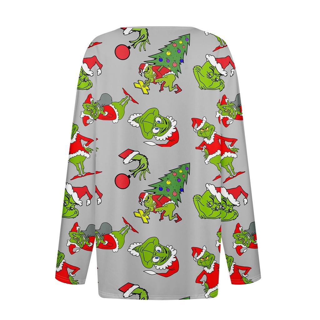 Women's Straight Shoulders Christmas Print Long Sleeve Straight Shoulders V-Neck Button T-Shirt Top