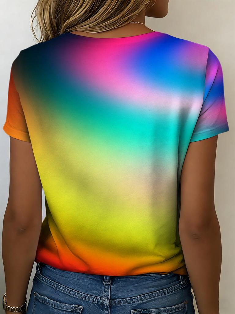 Women's short-sleeved T-shirt with rainbow gradient design, lightweight and breathable