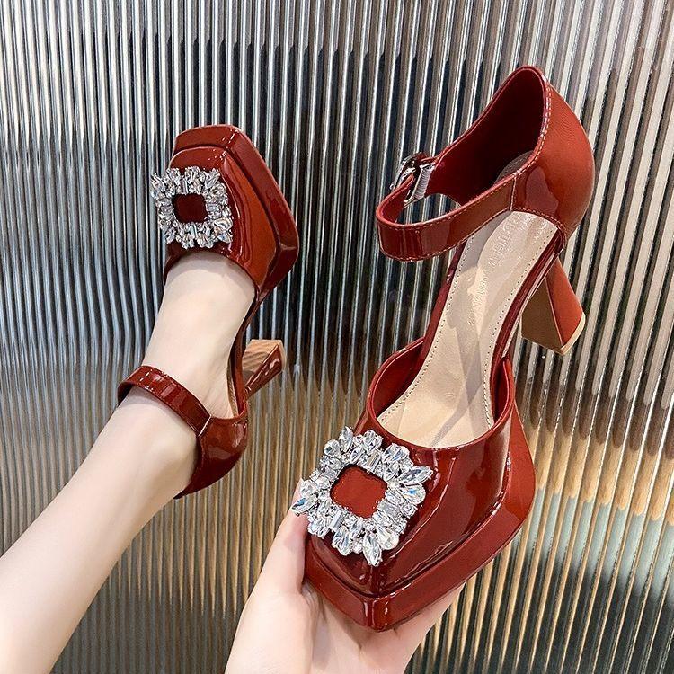Thick-soled Mary Jane Sandals Women's 2025 Summer Explosion Rhinestone Thick Heel Temperament One-word Buckle High Heels Square Head Waterproof Table