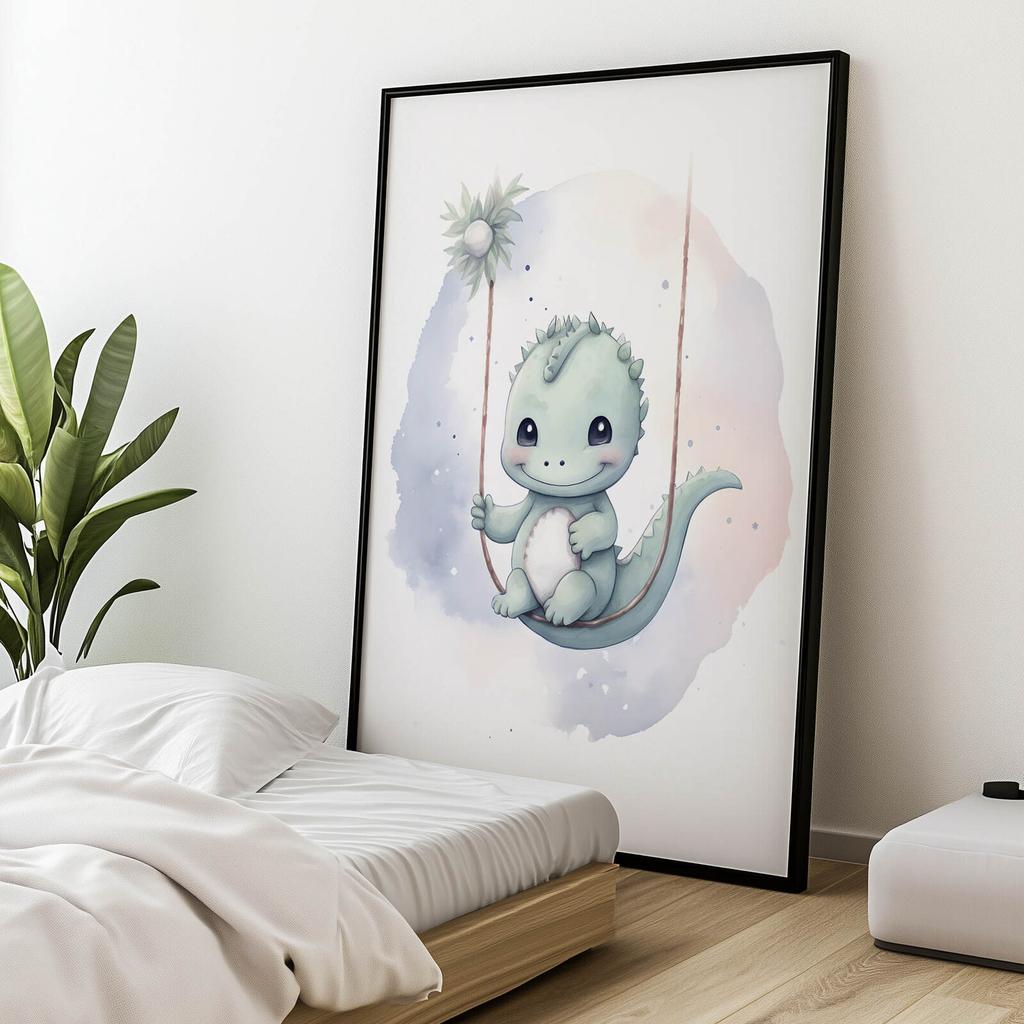 Dinazaur Na Huśtawce Dinazaur Na Huśtawce, 50X70 Cm, Rama Aluminiowa Czarna, Papier Matowy 230 Gsm