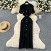 Xiaoxiangfeng high-end rough edge V-neck short-sleeved knitted dress women's summer waist single-breasted slim-fitting long skirt