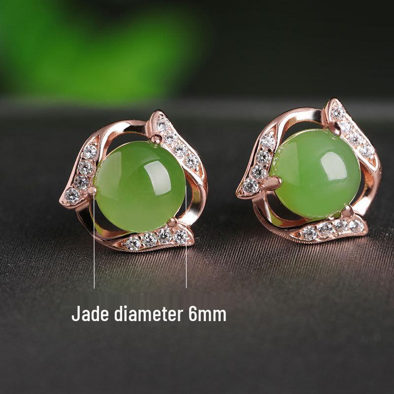 

Vintage-Style Jade Stud Earrings with Certificate: Green Jade Cheongsam Hanfu 925 Silver Rose Gold-Plated Hetian Jade Earrings for Women 925 Silver