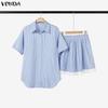 VONDA Two Piece Suit Women Short Sleeve Lapel Neck Tops and Pleated Mini Skirts Sets