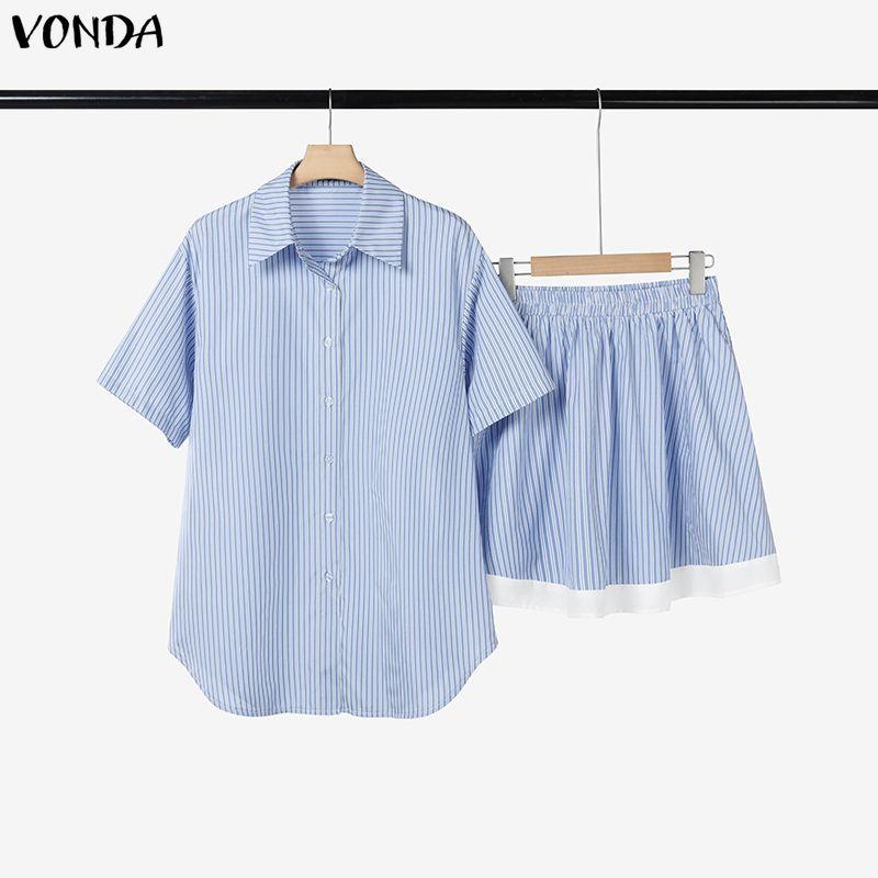 VONDA Two Piece Suit Women Short Sleeve Lapel Neck Tops and Pleated Mini Skirts Sets