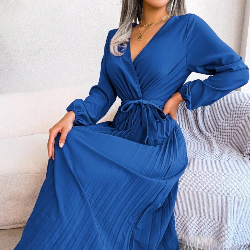 

Женское элегантное плиссированное платье макси с V-образным вырезом и длинными рукавами S синий