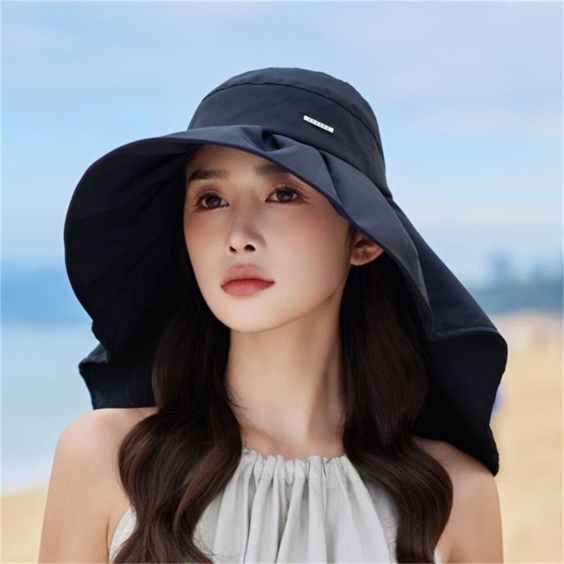 Wide Brims Sunproof Fisherman Hat With Open Top Design Bowknot Neck Cover For Women Outdoor Activity Fishing Camping