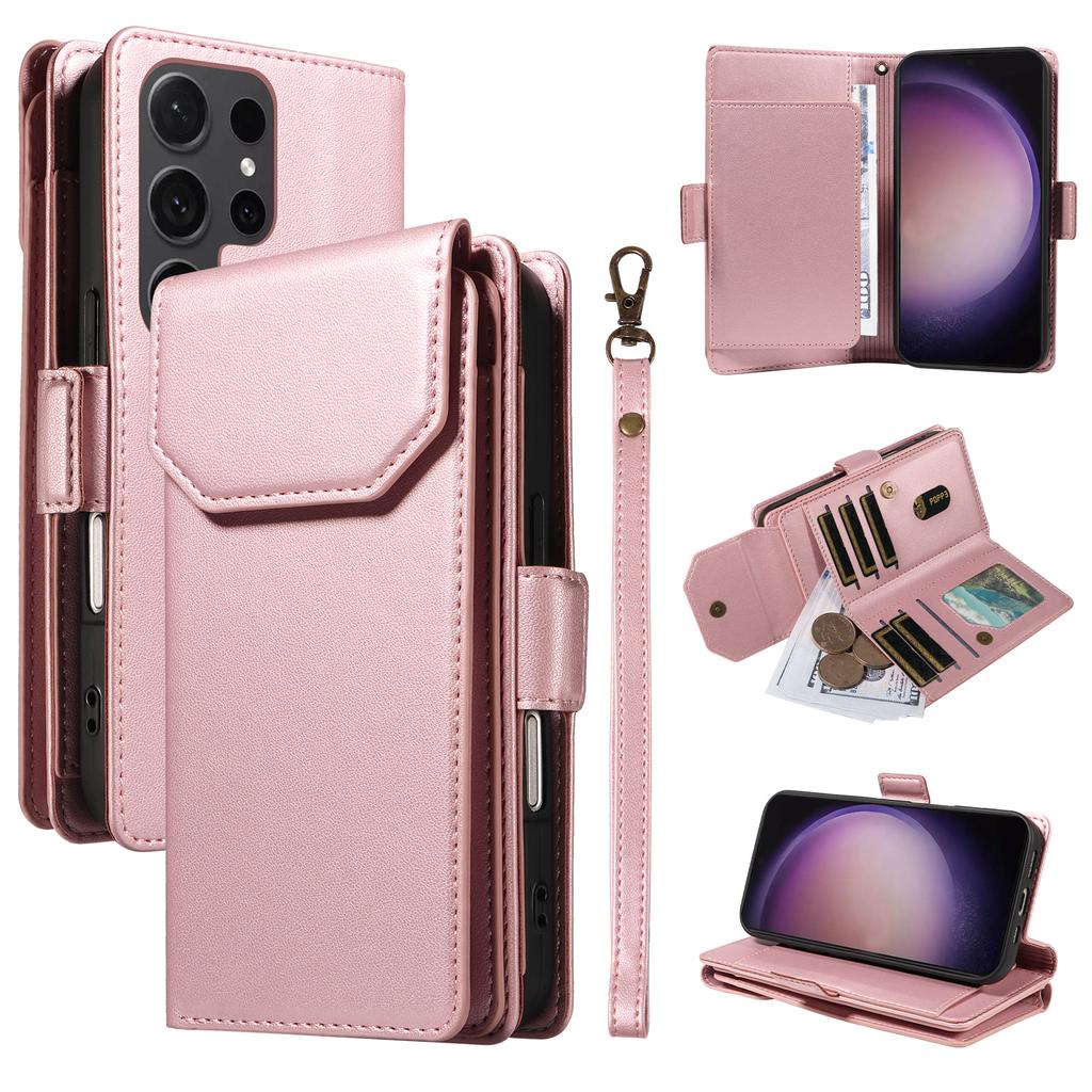 For Samsung Galaxy S24 Ultra Case with Multi-Card Holder and Strap PU Leather Phone Cover Stand
