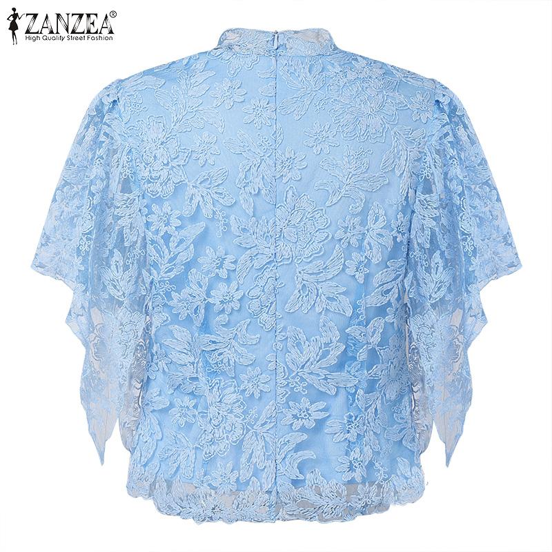 ZANZEA Women Casual Round Neck Ruffles Sleeve Summer Lace Blouse