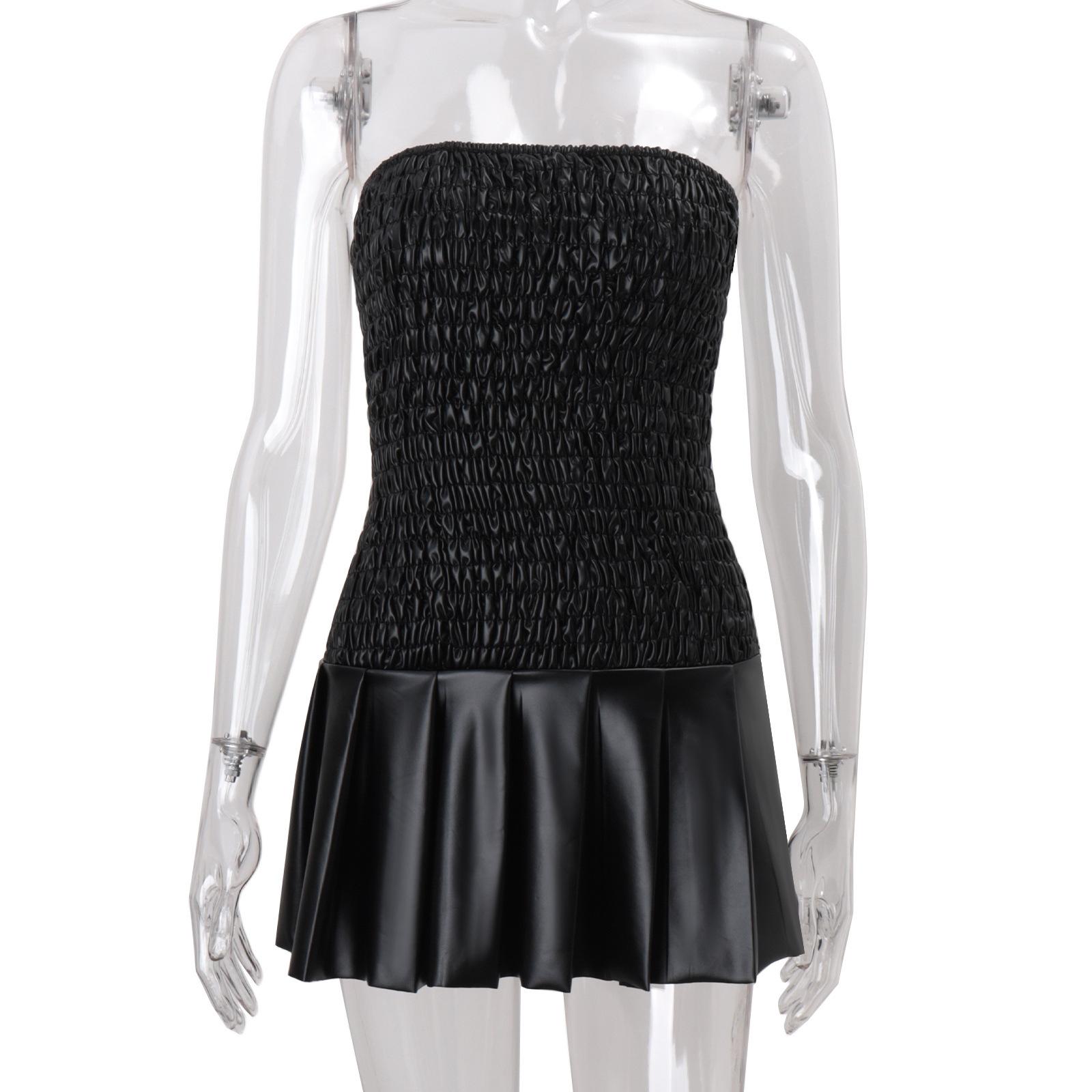 

Women s clothing autumn new sexy Spice girl one-word neck pleated PU leather waist thin tube top dress L чорний