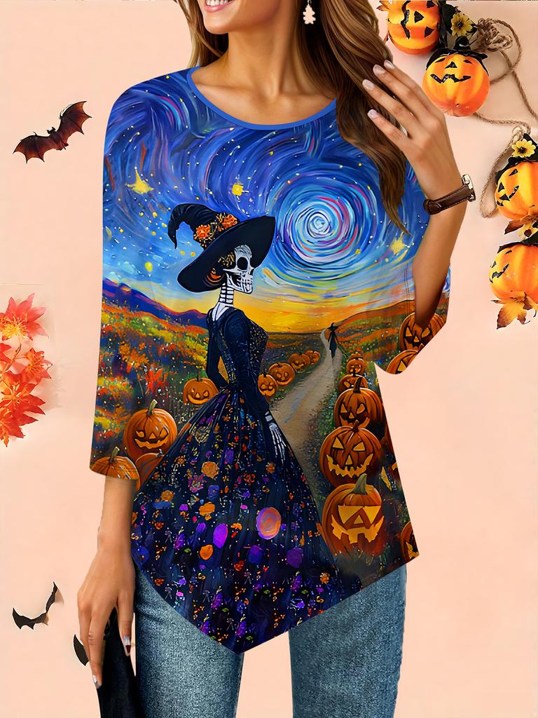 Damen Locker Rundhals Dreiviertelarm T-Shirt 3D Halloween Muster Ideales Halloween- und Weihnachtsgeschenk