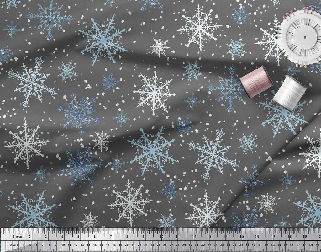 Soimoi Gray Japan Crepe Satin Fabric Snow Flakes & Star Print Sewing Fabric Metre 42 Inch
