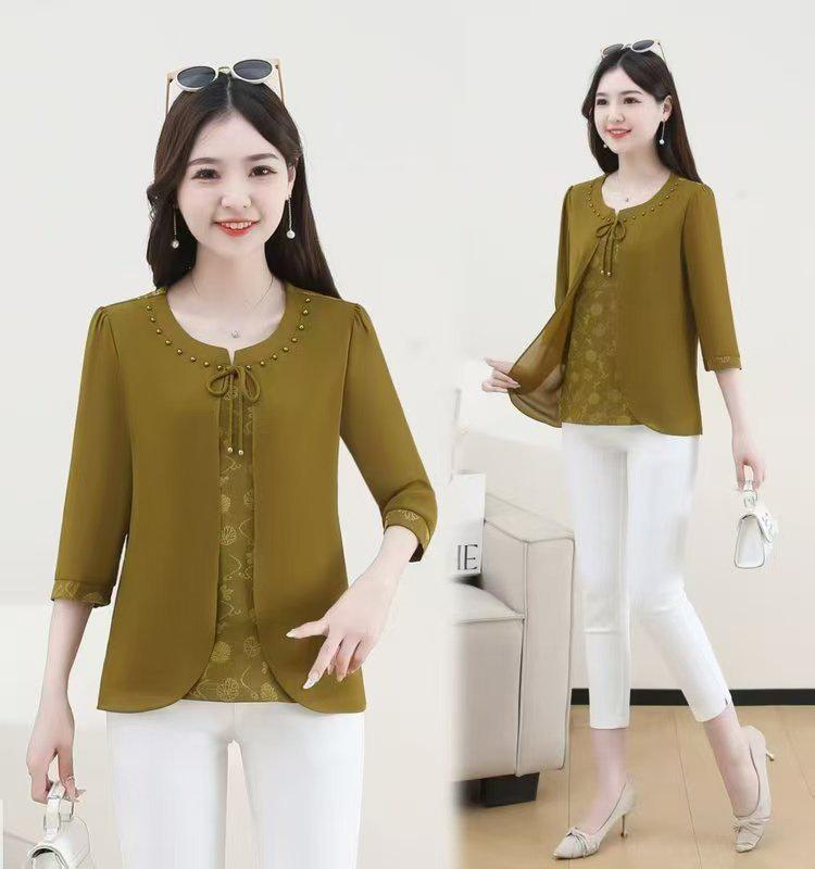 Autumn 3/4 Sleeve Top & T-Shirt Set for Middle-Aged Women