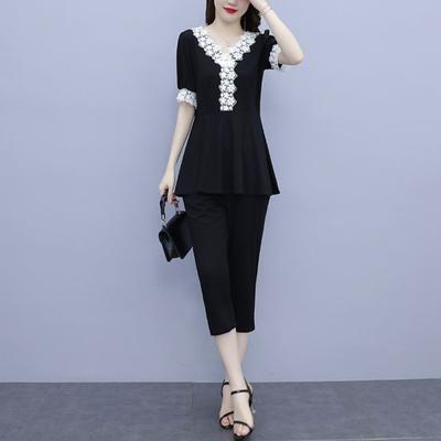 Conjunto informal de verano de dos piezas para mujer, cuello en V, manga corta, ribete de encaje