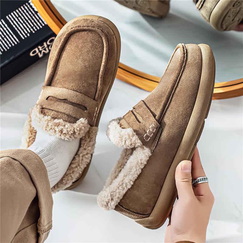 Moccasins Men Loafers Winter Driving Shoes Warm Fleece Slip On Low Top Snow Boots Plush Flats Outdoor Fur Lined Casual Shoes