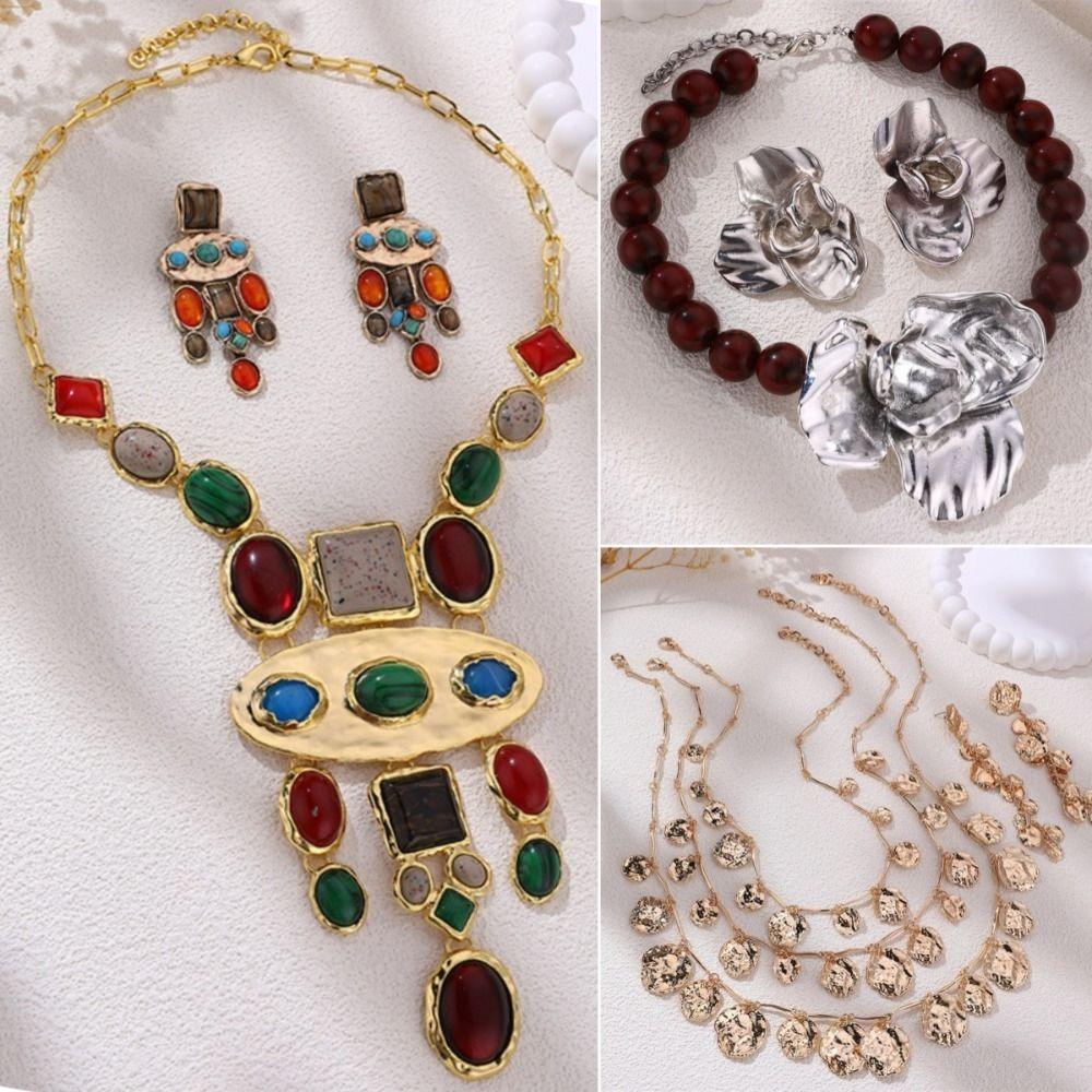 Vintage Flower Beaded Pendant Baroque Fashion Jewelry Sets Tassels Necklaces Earrings  Women