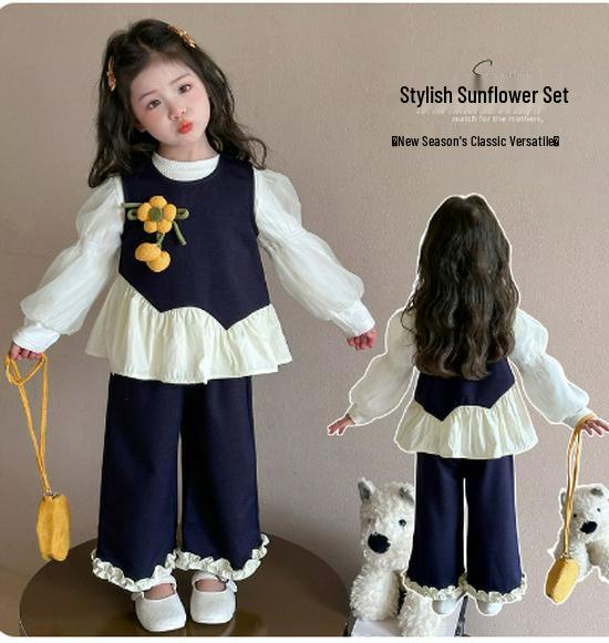 

Осінь 2025 Модна сорочка з рукавами-буфами та набір-трійка для дівчаток 110cm