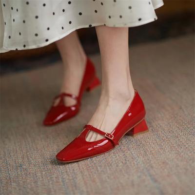 Fashion Spring/Autumn Women Shoes Patent Leather Solid Color T-shaped Buckle  Pumps Square Toe Chunky Heel Versatile Mary Jane for Women