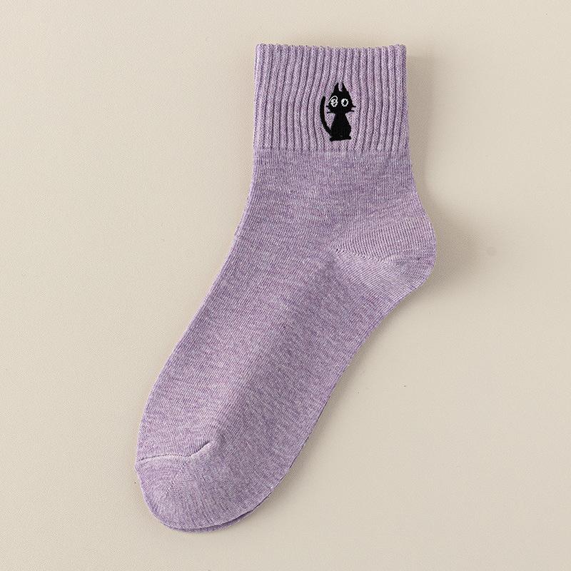 

Women s Spring and Summer Cat Embroidered Macaron Colored Mid Calf Cotton Socks 1 pair фиолетовый