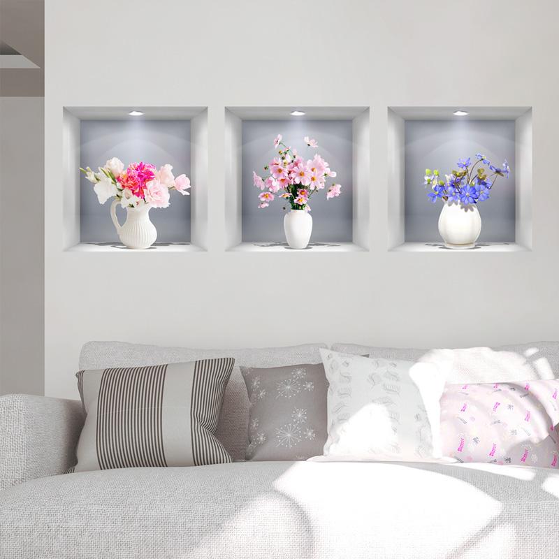 3pcs/set Wall Sticker Self-adhesive 3D Simulation Watercolor Home Decor Removble Wall Decals Potted Plant Stickers Flower Pots