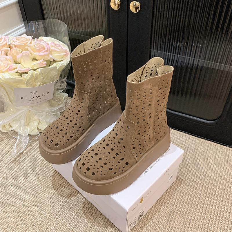 Women Short Boots 2026 New Summer Suede Vintage Hollow Out Women Ankle Boots Anti-slip Fashion Breathable Platform Female Boots