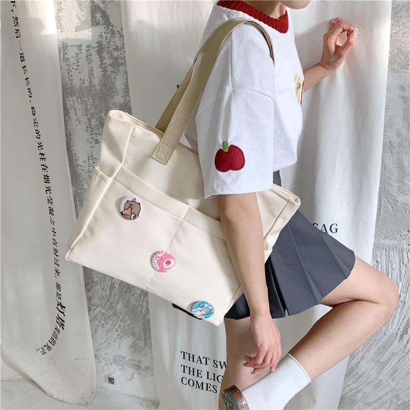 Lazy wind solid color canvas bag small fresh student bag commuter large capacity portable shoulder tote bag women
