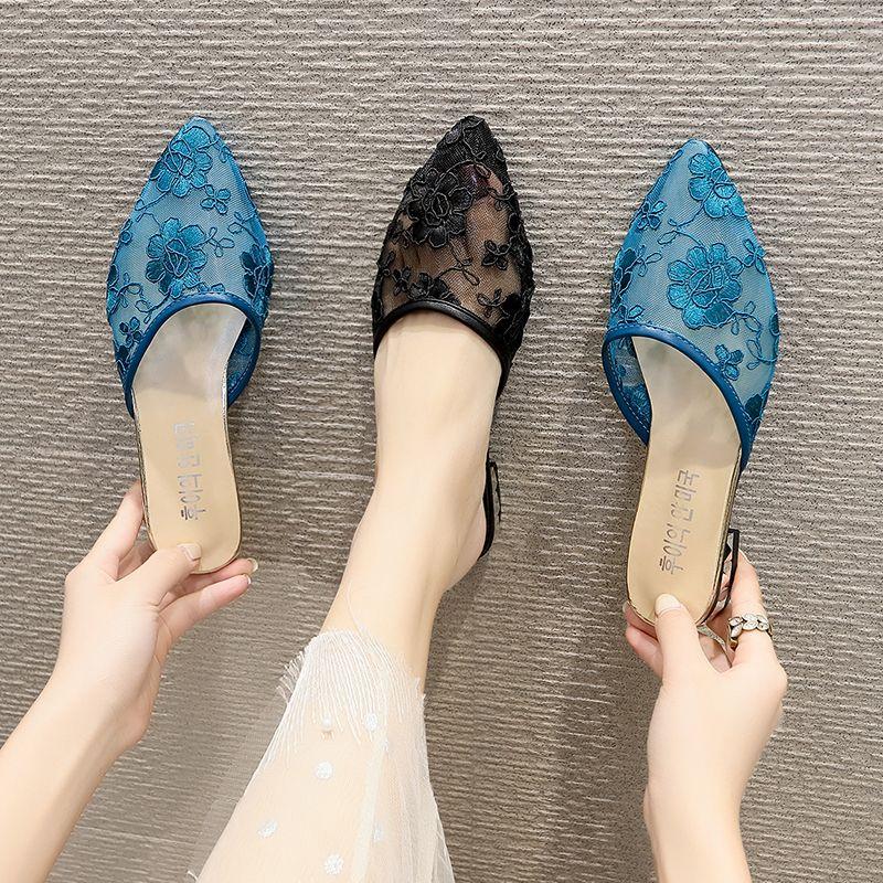 Shoes for Women Low Heel Slides Sexy Black Woman Mules Slippers Pointed Toe Embroidery 39 Chic and Elegant H Sandal Pvc Sandals