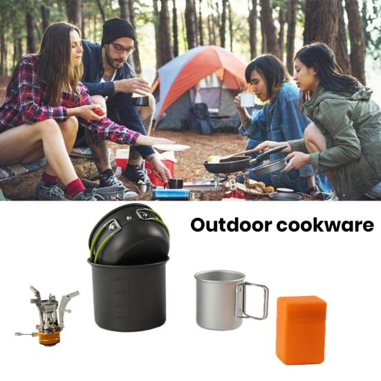 

1 комплект походной посуды из пищевой нержавеющей стали, чашка, вилка, ложка, горелка для плиты, набор из шести предметов для приготовления пищи на открытом воздухе