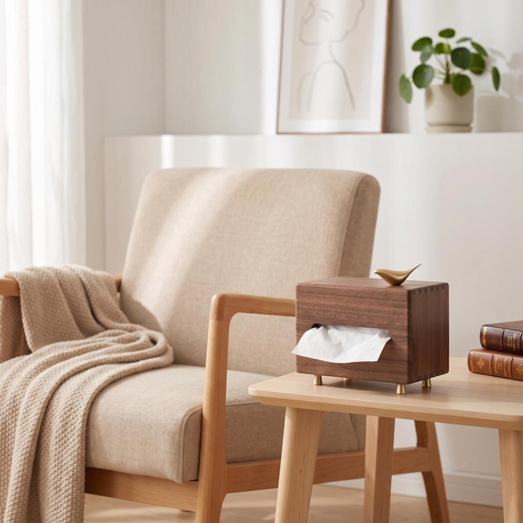 Tissue Box Holder Walnut Wooden Modern for Tabletop