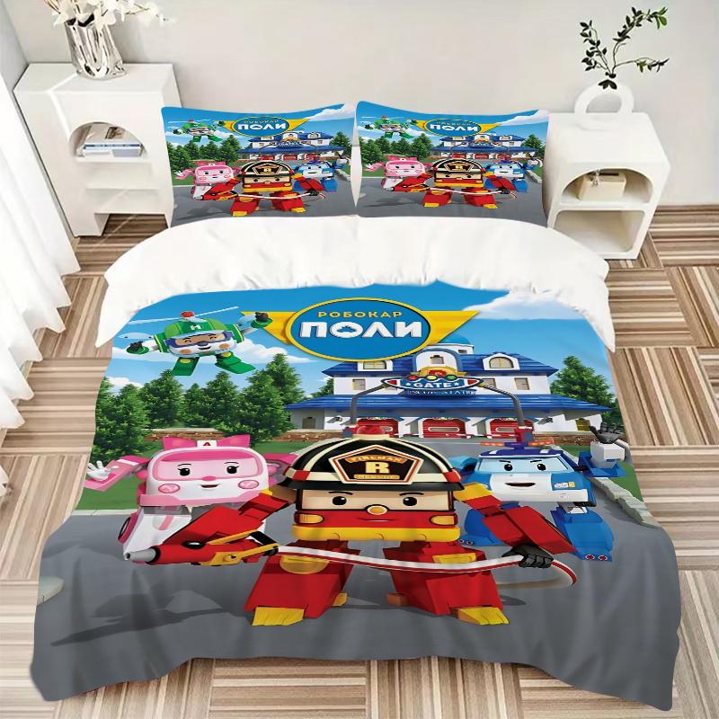 3 Adet Robocar Poli Ev Dekorasyonu Nevresim Takımı-Yatak Odası, Misafir Odası, Oturma Odası, Otel İçin Evrensel Üç Parçalı Takım-Hayranlar İçin Mükemmel Hediye, Seyahat